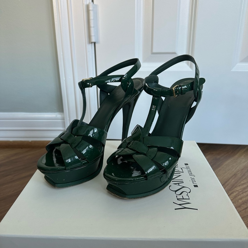 Yves Saint Laurent Emerald Green Patent Leather Platform Sandals